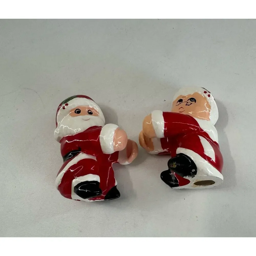 Vtg Mr & Mrs Santa Claus Ceramic Pillar Candle Hugger Holders MCM 2.0” Tall